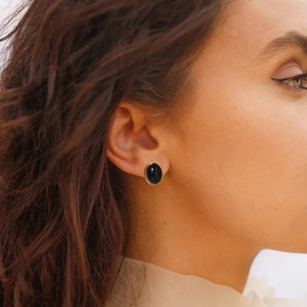 18K Gold Plated Black Agate Stud Earrings